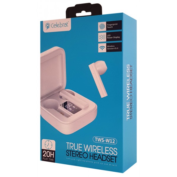 CELEBRAT earphones με θήκη φόρτισης W12, True Wireless, λευκά