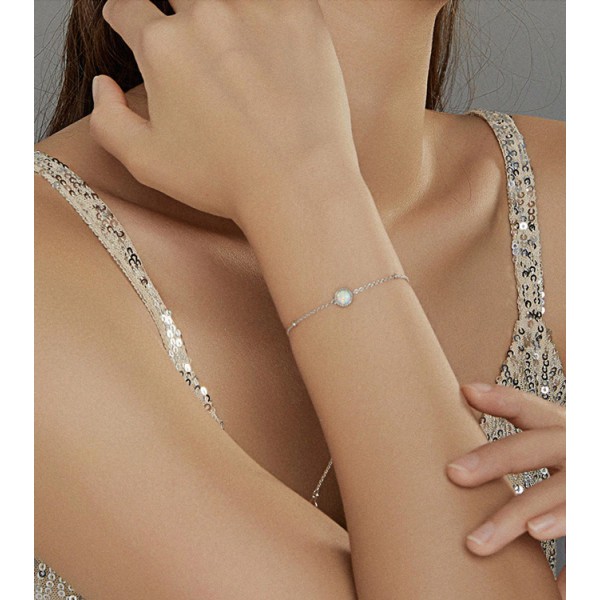 BAMOER βραχιόλι BSB054 με λευκή οπάλ πέτρα, ασήμι 925, ασημί