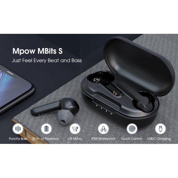 MPOW earphones με θήκη φόρτισης Mbits S BH481A, True Wireless, μαύρα