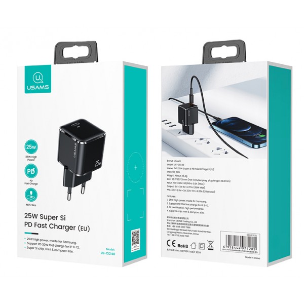 USAMS φορτιστής τοίχου T42, USB Τype-C, Super Si, PD QC 3.0, 25W, μαύρος USAMS φορτιστής τοίχου T42, USB Τype-C, Super Si, PD QC 3.0, 25W, μαύρος
