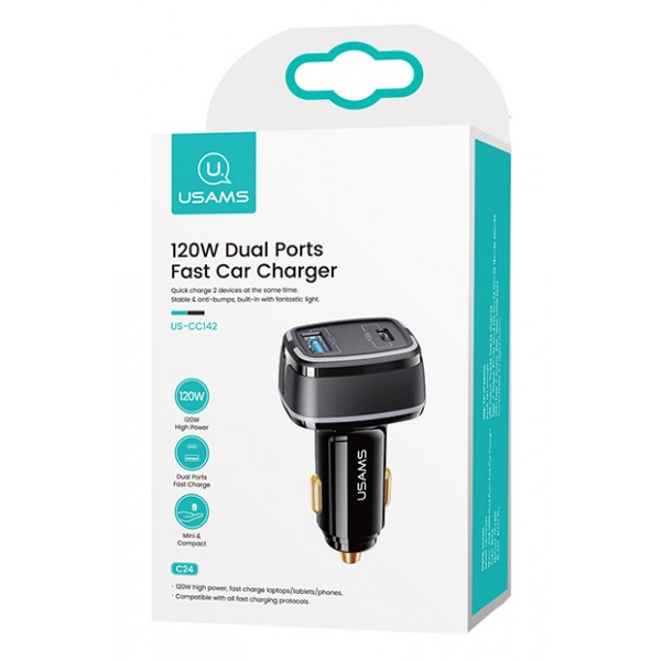 USAMS φορτιστής αυτοκινήτου US-CC142, USB & Type-C, 120W, μαύρος