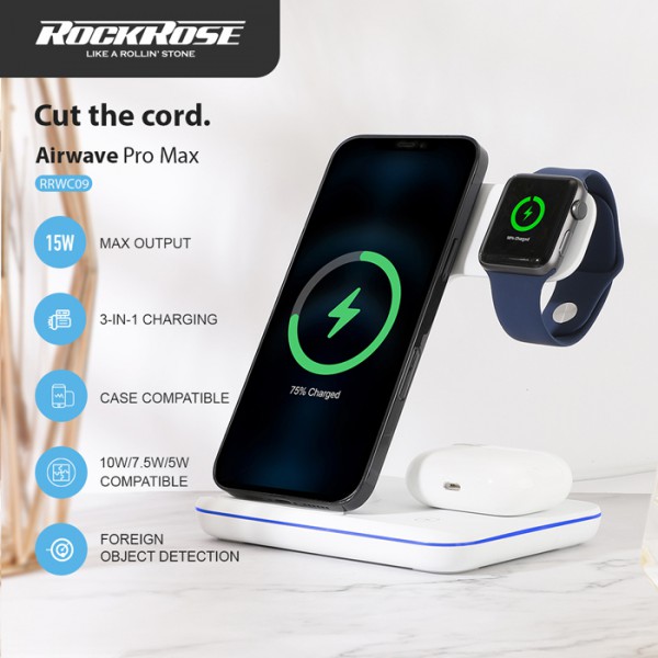 ROCKROSE 3 σε 1 ασύρματος φορτιστής Airwave Pro Max RRWC09, 15W, λευκός ROCKROSE 3 σε 1 ασύρματος φορτιστής Airwave Pro Max RRWC09, 15W, λευκός