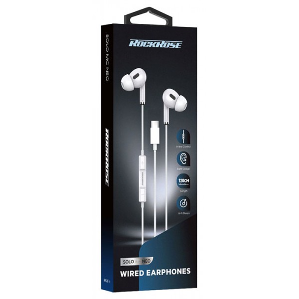 ROCKROSE earphones με μικρόφωνο Solo TC Neo, Type-C, 1.2m, λευκά