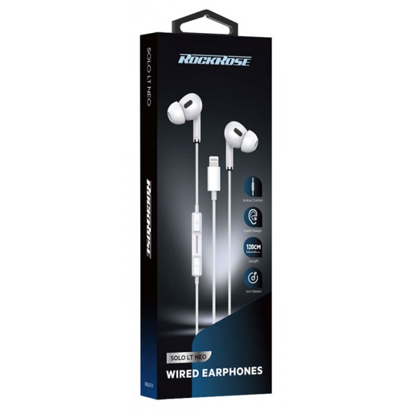 ROCKROSE earphones με μικρόφωνο Solo LT Neo, Lightning, 1.2m, λευκά