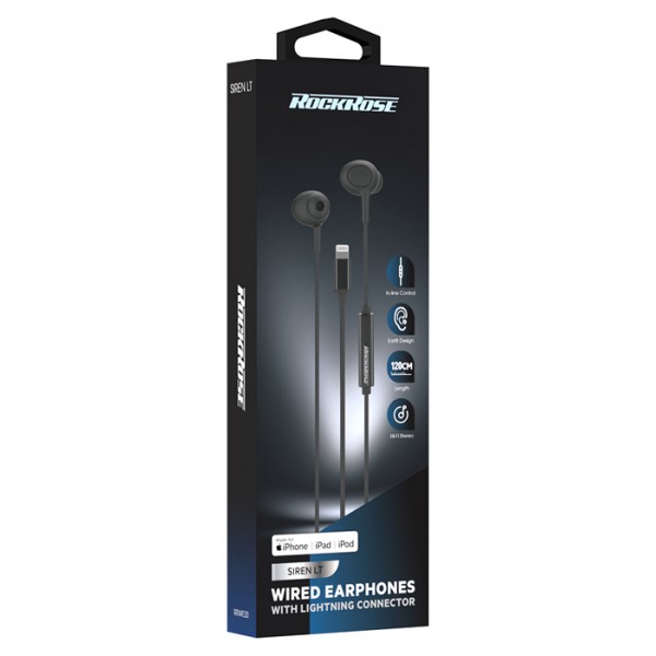 ROCKROSE earphones με μικρόφωνο Siren LT, Lightning, 1.2m, μαύρα