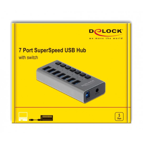 DELOCK USB hub 63669 με διακόπτες, 7x θυρών, 5Gbps, γκρι DELOCK USB hub 63669 με διακόπτες, 7x θυρών, 5Gbps, γκρι