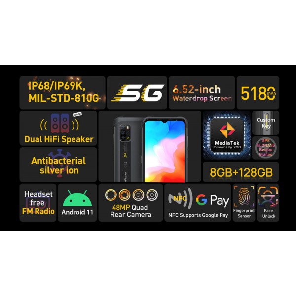 ULEFONE smartphone Armor 12 5G, IP68/IP69K, 6.52", 8/128GB, 5180mAh ULEFONE smartphone Armor 12 5G, IP68/IP69K, 6.52", 8/128GB, 5180mAh