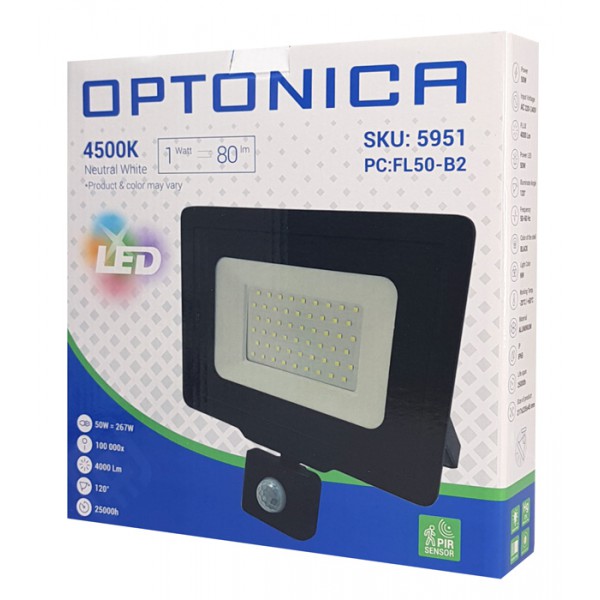 OPTONICA LED προβολέας 5951, με αισθητήρα κίνησης, 50W, 4500K, IP65 OPTONICA LED προβολέας 5951, με αισθητήρα κίνησης, 50W, 4500K, IP65