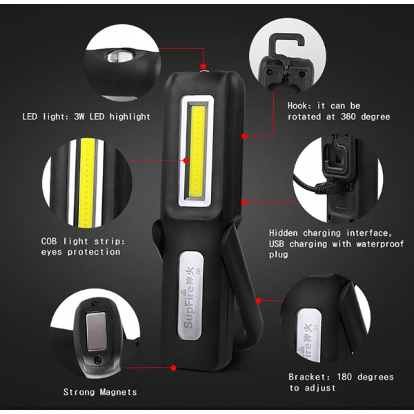 SUPFIRE φακός εργασίας G6 με εμπρόσθιο & πλαϊνό LED, CREE XPE LED & COB