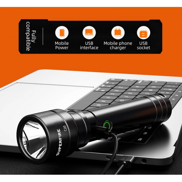 SUPFIRE φορητός φακός C20, 15W, 1500Lm, 500m, 4000mAh
