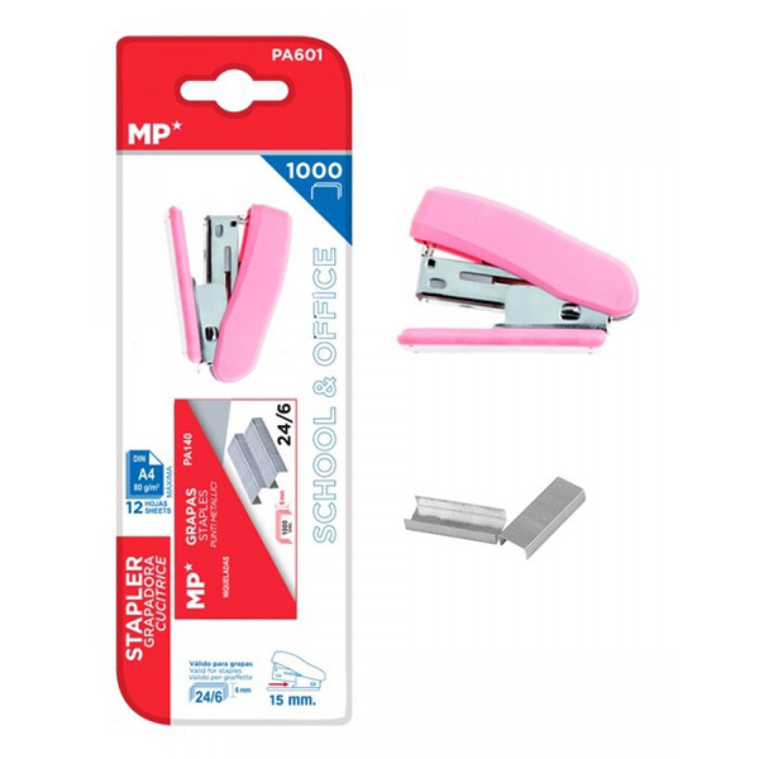 MP mini συρραπτικό με ανταλλακτικά PA601, 24/6, 12 φύλλα, ροζ