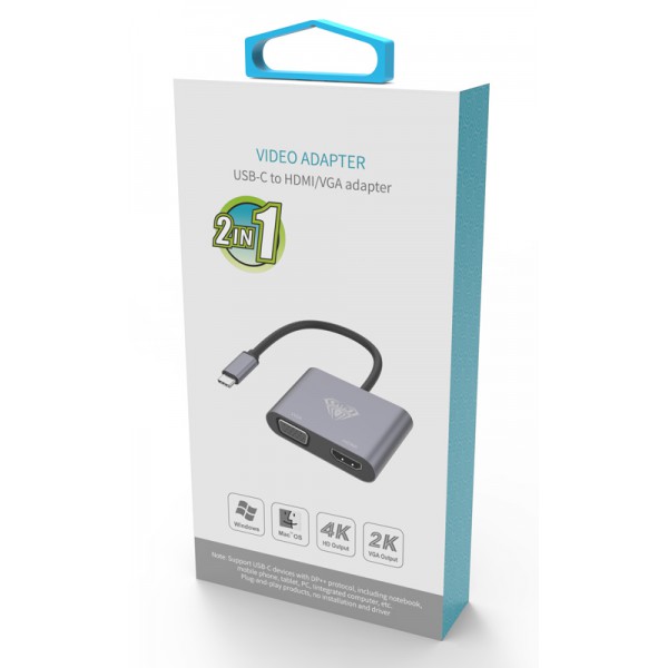 AULA αντάπτορας USB Type-C σε HDMI & VGA UC-901, 4K & 2K, γκρι AULA αντάπτορας USB Type-C σε HDMI & VGA UC-901, 4K & 2K, γκρι