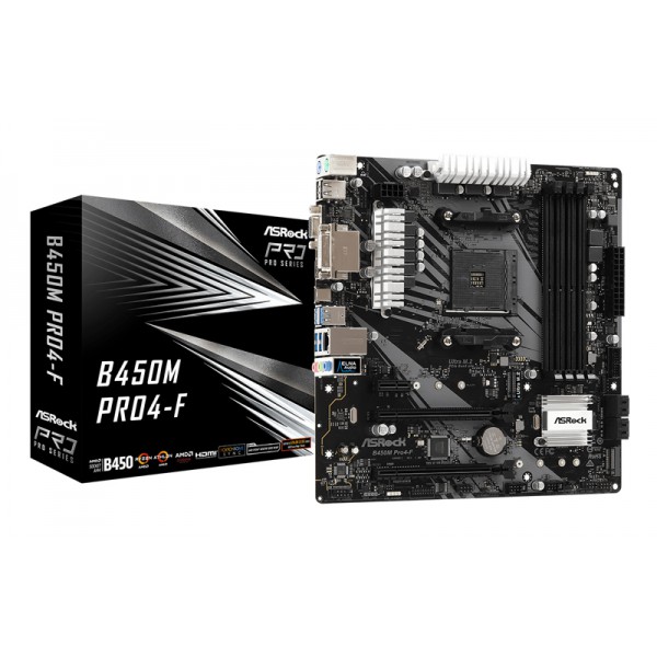 ASROCK μητρική B450M PRO4-F R2.0, 2x DDR4, AM4, USB 3.2, mATX