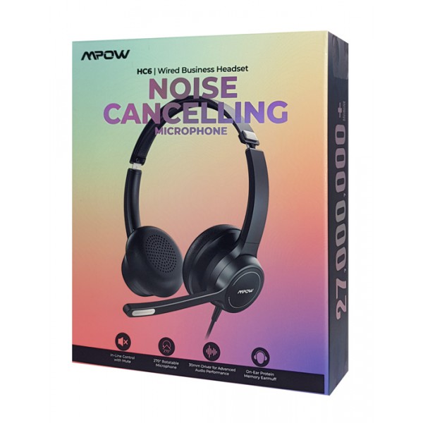 MPOW headset HC6, μικρόφωνο με noise canceling, 3.5mm & USB, μαύρο-ασημί