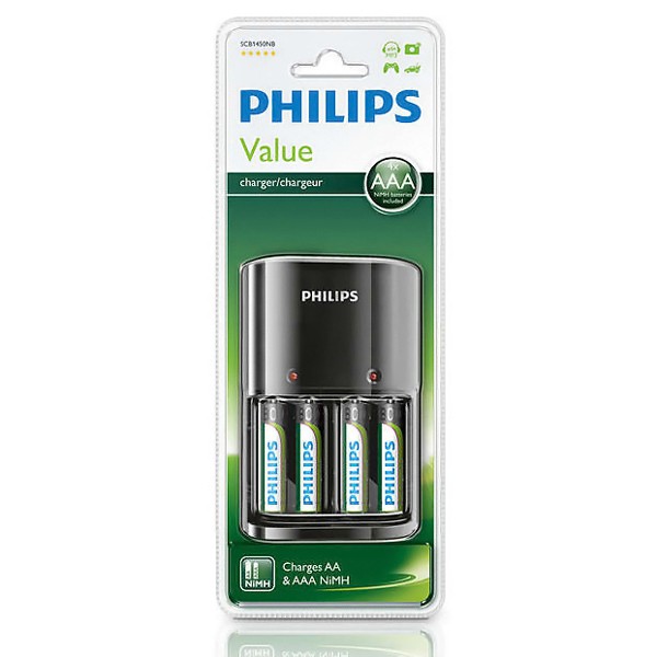 PHILIPS φορτιστής μπαταριών AA & AΑΑ NiMH SCB1450NB με 4x AAA, μαύρος PHILIPS φορτιστής μπαταριών AA & AΑΑ NiMH SCB1450NB με 4x AAA, μαύρος