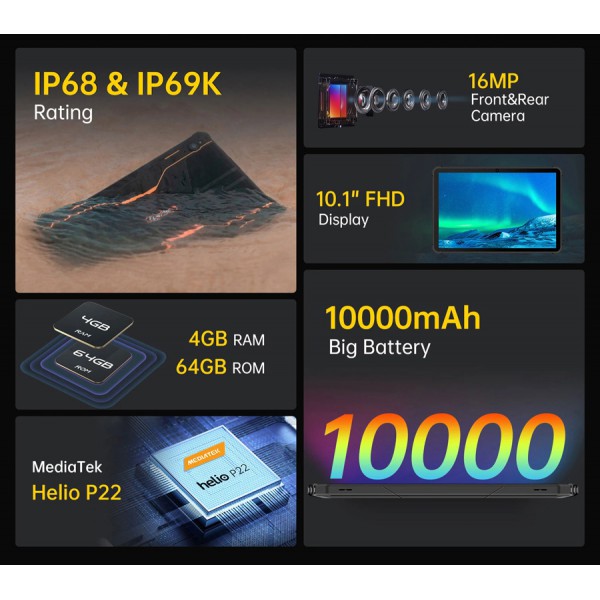OUKITEL tablet RT1, 10.1", 4/64GB, 10000MAh, IP68/IP69K, 4G, πορτοκαλί OUKITEL tablet RT1, 10.1", 4/64GB, 10000MAh, IP68/IP69K, 4G, πορτοκαλί