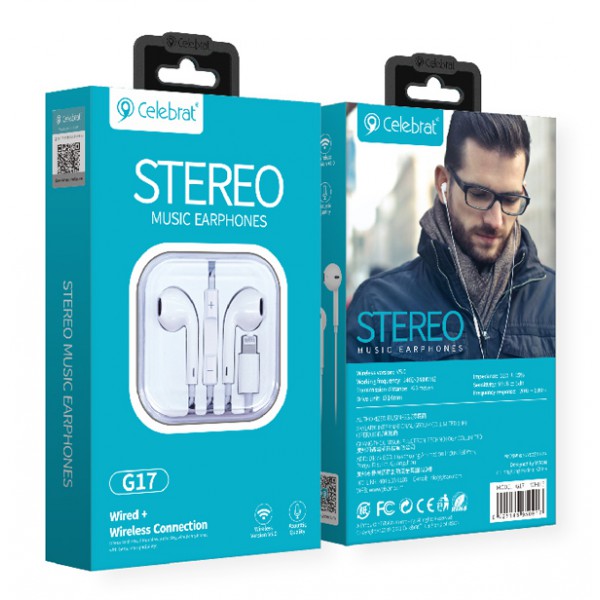 CELEBRAT earphones με μικρόφωνο G17, Lightning, 1.2m, λευκά