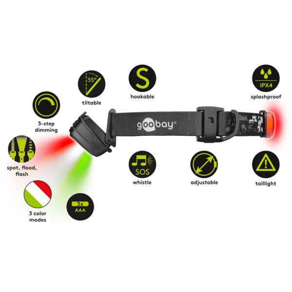 GOOBAY φακός κεφαλής 58391 με 7 λειτουργίες, 240lm, IPX4, 80m, μαύρος