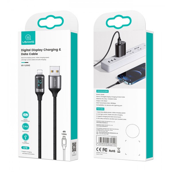 USAMS καλώδιο Lightning σε USB US-SJ543, 2.4A, 1.2m, μαύρο