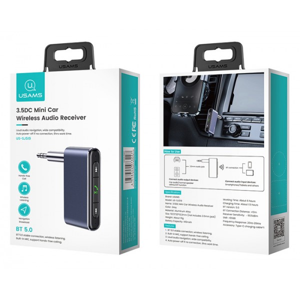 USAMS ασύρματο audio receiver US-SJ519 με μικρόφωνο, Bluetooth 5.0, γκρι USAMS ασύρματο audio receiver US-SJ519 με μικρόφωνο, Bluetooth 5.0, γκρι