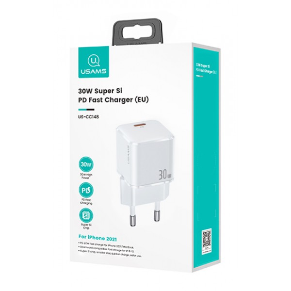 USAMS φορτιστής τοίχου US-CC148, USB-C, Super Si, PD 30W, λευκός