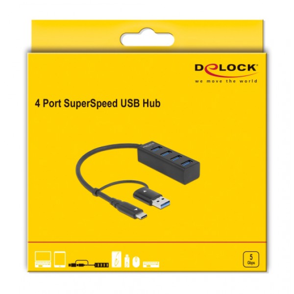 DELOCK USB hub 63828, 4x θυρών, 5Gbps, USB & USB-C σύνδεση, μαύρο