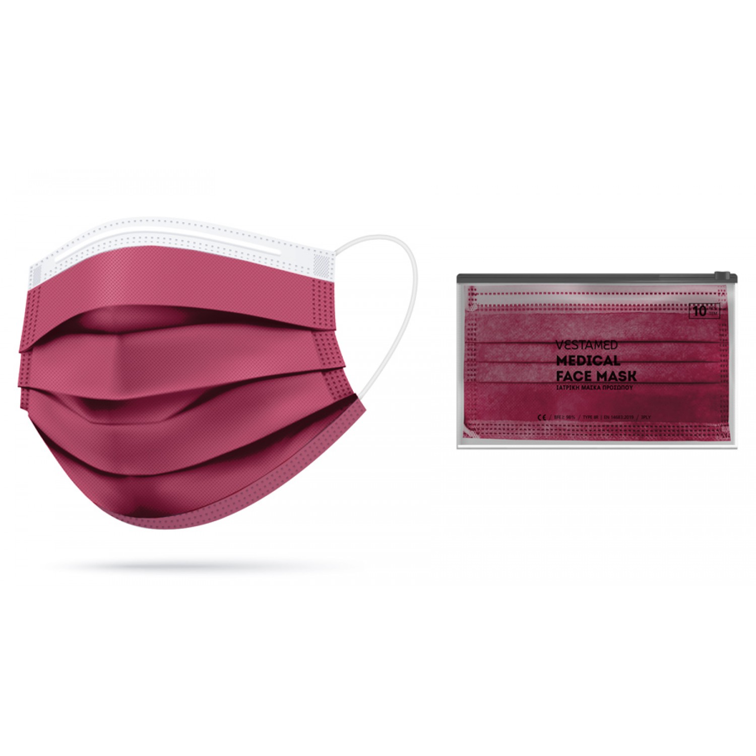 VESTAMED χειρουργική μάσκα 3 στρωμάτων VMM40, BFE >98%, 5x 10τμχ μπορντό