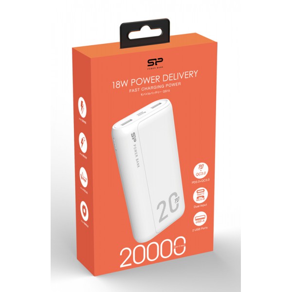 SILICON POWER power bank QS15, 20000mAh, 2x USB & USB Type-C, 18W, λευκό SILICON POWER power bank QS15, 20000mAh, 2x USB & USB Type-C, 18W, λευκό