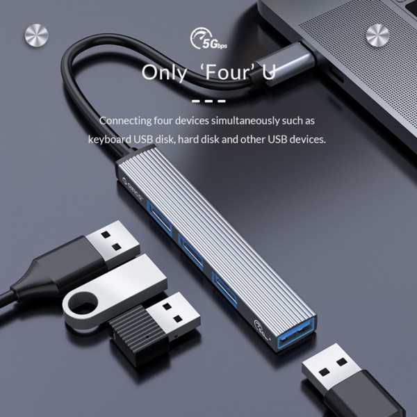 ORICO USB hub AH-13, 4x θυρών, 5Gbps, USB-C σύνδεση, γκρι