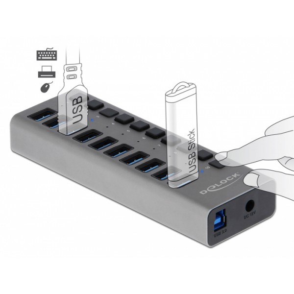 DELOCK USB hub 63670 με διακόπτες, 10x θυρών, 5Gbps, γκρι DELOCK USB hub 63670 με διακόπτες, 10x θυρών, 5Gbps, γκρι