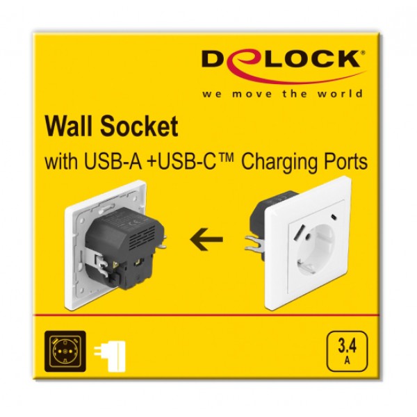 DELOCK πρίζα τοίχου 11489 με θύρες φόρτισης USB & USB Type-C 3.4A, λευκή DELOCK πρίζα τοίχου 11489 με θύρες φόρτισης USB & USB Type-C 3.4A, λευκή