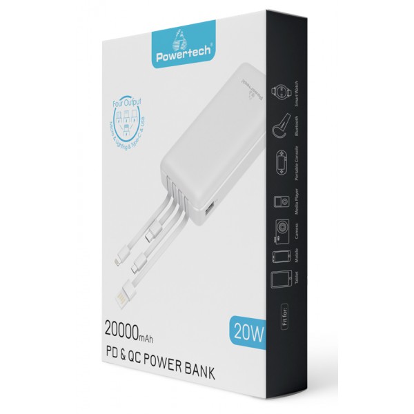 POWERTECH Power Bank PT-979 20000mAh, 4x Output, PD 20W & QC 18W, λευκό POWERTECH Power Bank PT-979 20000mAh, 4x Output, PD 20W & QC 18W, λευκό