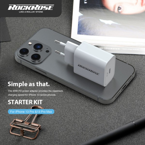 ROCKROSE kit φόρτισης & προστασίας Starter, iPhone 13 Pro, 20W & 15W ROCKROSE kit φόρτισης & προστασίας Starter, iPhone 13 Pro, 20W & 15W