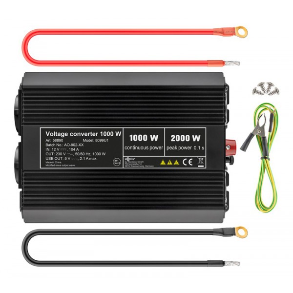 GOOBAY inverter αυτοκινήτου 58890, 12V σε 230V, 1000W, USB 2.1A