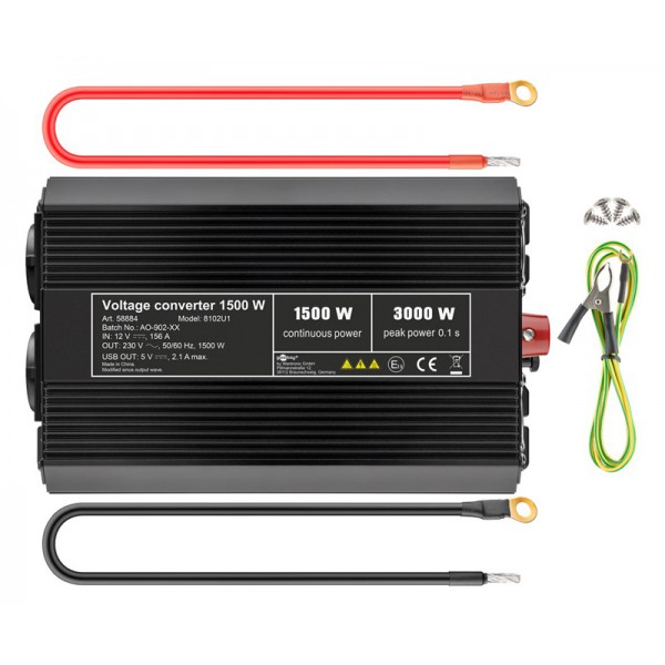 GOOBAY inverter αυτοκινήτου 58884, 12V σε 230V, 1500W, USB 2.1A