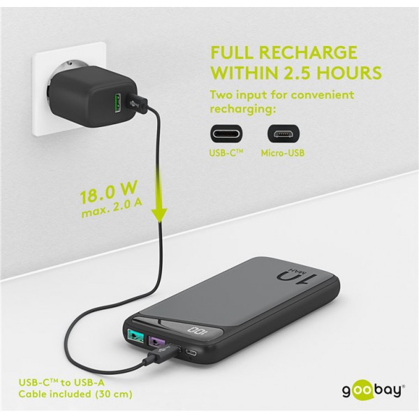 GOOBAY power bank 53936, 10000mAh, 2x USB & Type-C, QC PD, 22.5W, μαύρο GOOBAY power bank 53936, 10000mAh, 2x USB & Type-C, QC PD, 22.5W, μαύρο
