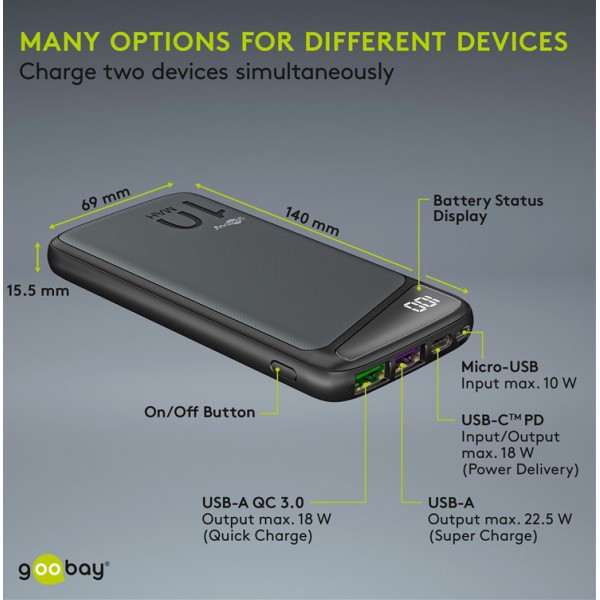 GOOBAY power bank 53936, 10000mAh, 2x USB & Type-C, QC PD, 22.5W, μαύρο GOOBAY power bank 53936, 10000mAh, 2x USB & Type-C, QC PD, 22.5W, μαύρο