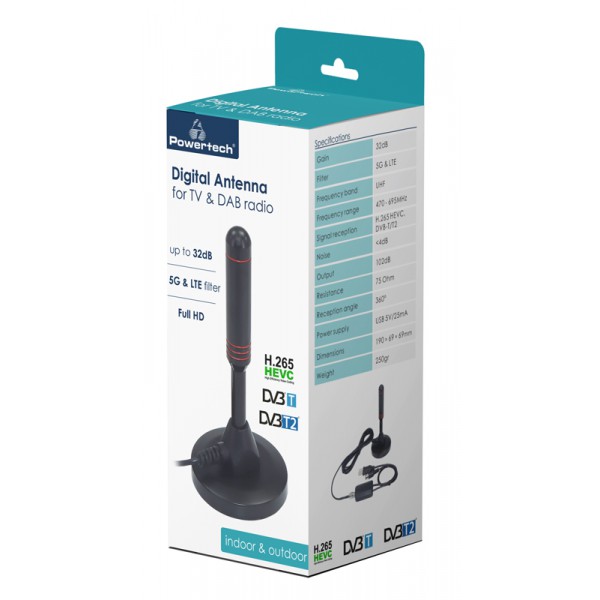 POWERTECH ψηφιακή κεραία PT-992, 5G & LTE, indoor & outdoor, 32dB