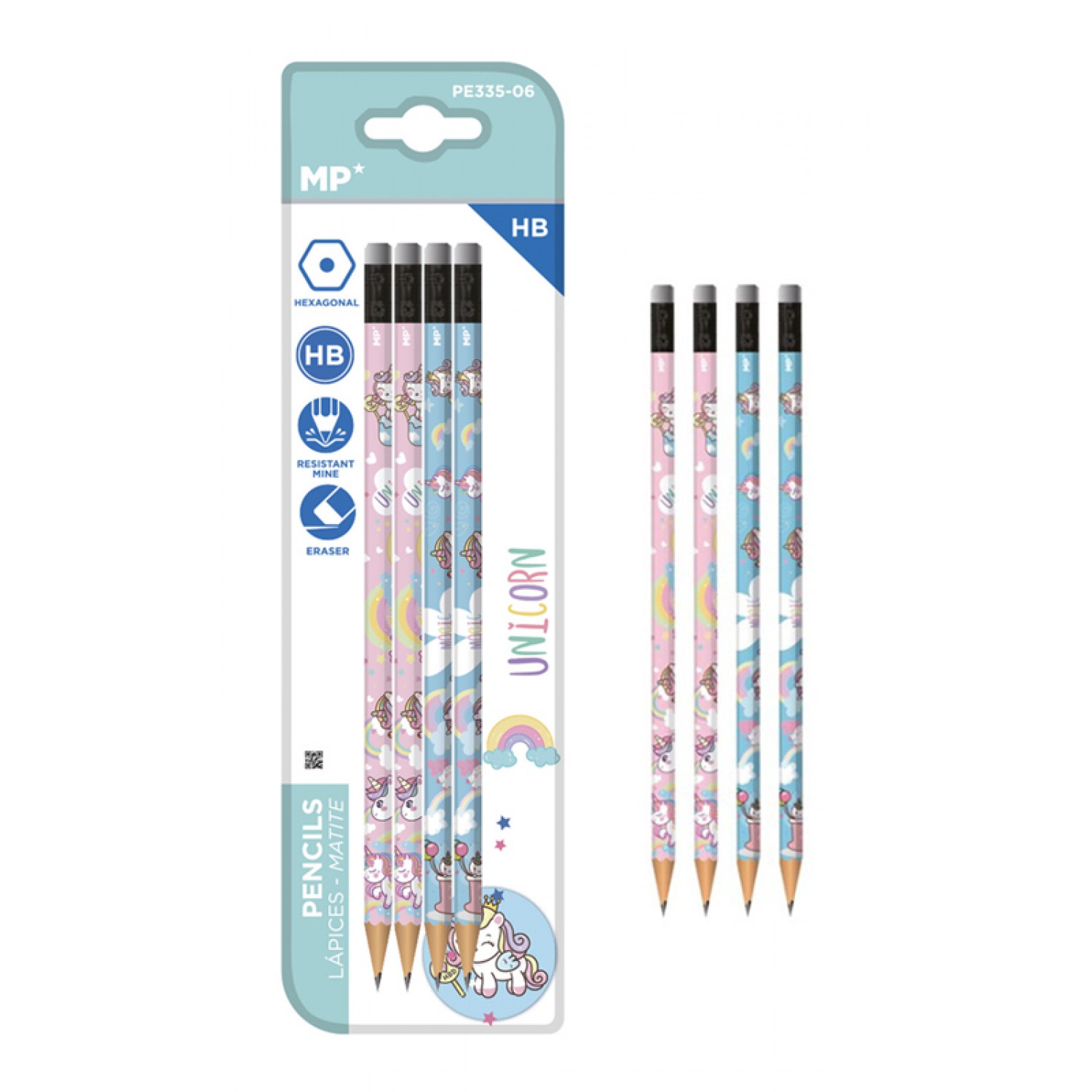 MP ξύλινο μολύβι Unicorn PE335-06 με γόμα, εξάγωνο, HB, 4τμχ MP ξύλινο μολύβι Unicorn PE335-06 με γόμα, εξάγωνο, HB, 4τμχ