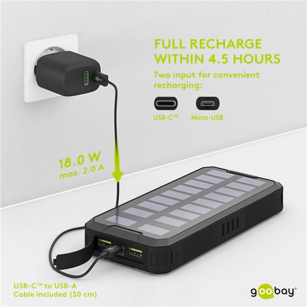 GOOBAY ηλιακό power bank 53934 με φακό, 20000mAh, 3x output, 18W, μαύρο GOOBAY ηλιακό power bank 53934 με φακό, 20000mAh, 3x output, 18W, μαύρο