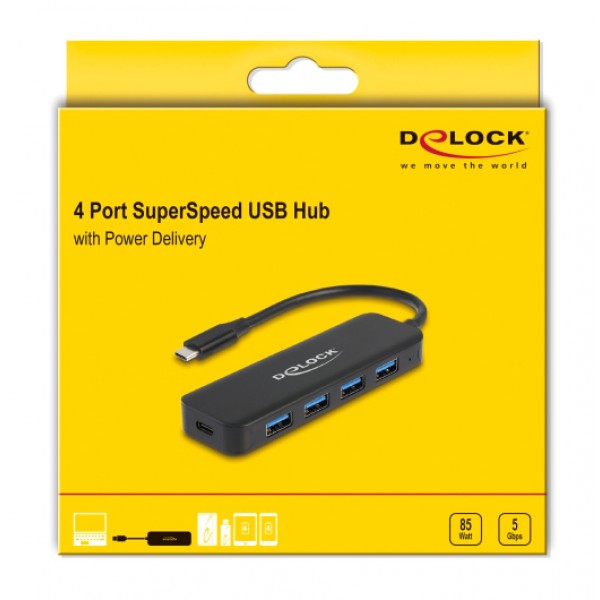 DELOCK USB hub 64170, 5x θυρών, 5Gbps, 85W PD, USB-C σύνδεση, μαύρο DELOCK USB hub 64170, 5x θυρών, 5Gbps, 85W PD, USB-C σύνδεση, μαύρο