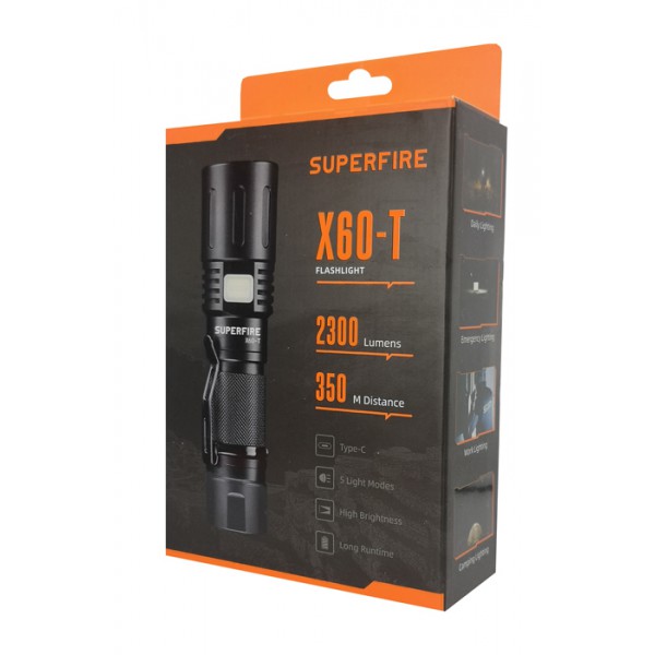 SUPFIRE φορητός φακός X60-T, zoom, 36W, 2300lm, 350m, 3700mAh, IP34 SUPFIRE φορητός φακός X60-T, zoom, 36W, 2300lm, 350m, 3700mAh, IP34