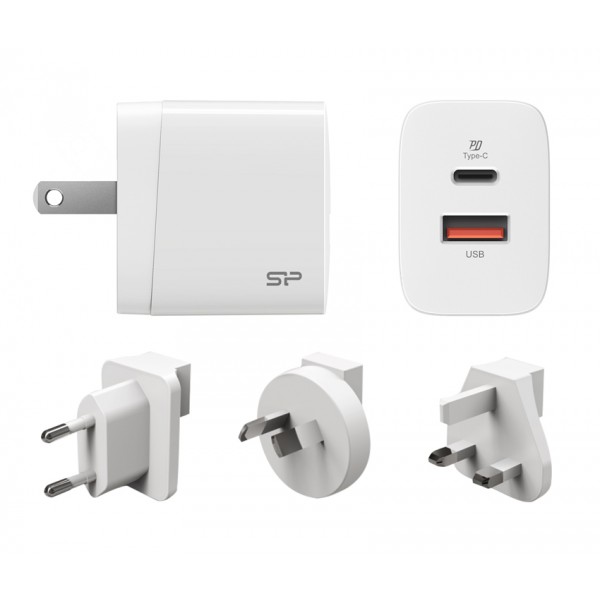 SILICON POWER φορτιστής τοίχου QM16, USB & USB-C 18W, UK/EU/AU/US, λευκό SILICON POWER φορτιστής τοίχου QM16, USB & USB-C 18W, UK/EU/AU/US, λευκό