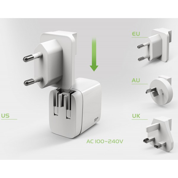 SILICON POWER φορτιστής τοίχου QM16, USB & USB-C 18W, UK/EU/AU/US, λευκό SILICON POWER φορτιστής τοίχου QM16, USB & USB-C 18W, UK/EU/AU/US, λευκό