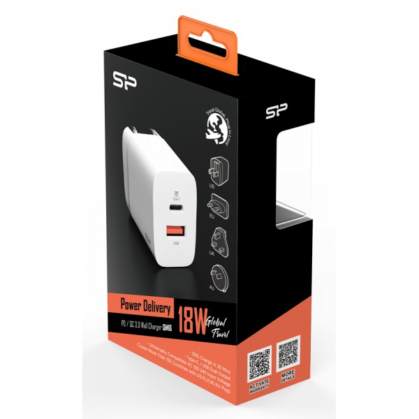 SILICON POWER φορτιστής τοίχου QM16, USB & USB-C 18W, UK/EU/AU/US, λευκό SILICON POWER φορτιστής τοίχου QM16, USB & USB-C 18W, UK/EU/AU/US, λευκό