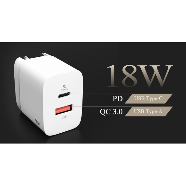 SILICON POWER φορτιστής τοίχου QM16, USB & USB-C 18W, UK/EU/AU/US, λευκό SILICON POWER φορτιστής τοίχου QM16, USB & USB-C 18W, UK/EU/AU/US, λευκό