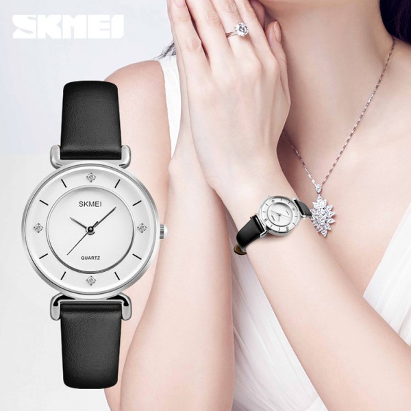 SKMEI γυναικείο ρολόι 1330LSI με δερμάτινο λουρί, 36mm, 3 ATM, ασημί