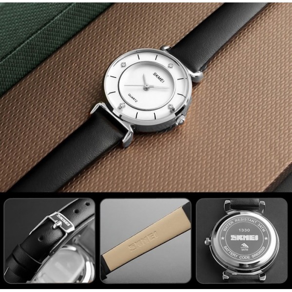 SKMEI γυναικείο ρολόι 1330LSI με δερμάτινο λουρί, 36mm, 3 ATM, ασημί