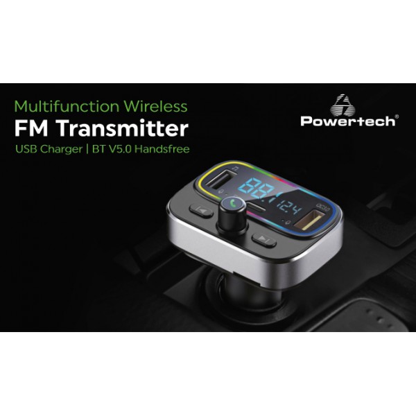 POWERTECH FM Transmitter PT-999 με οθόνη, RGB, QC3.0, Bluetooth, μαύρος