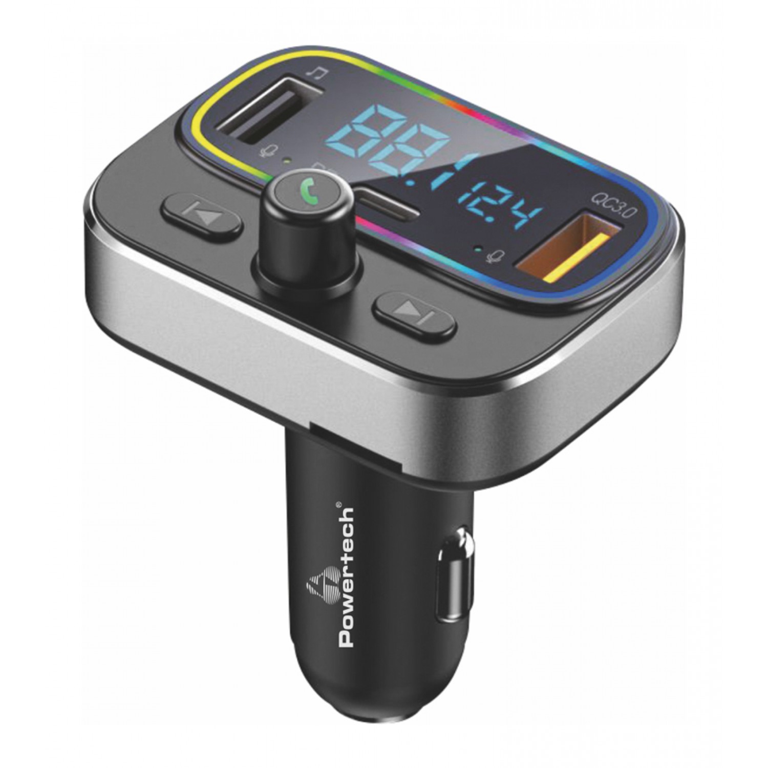 POWERTECH FM Transmitter PT-999 με οθόνη, RGB, QC3.0, Bluetooth, μαύρος